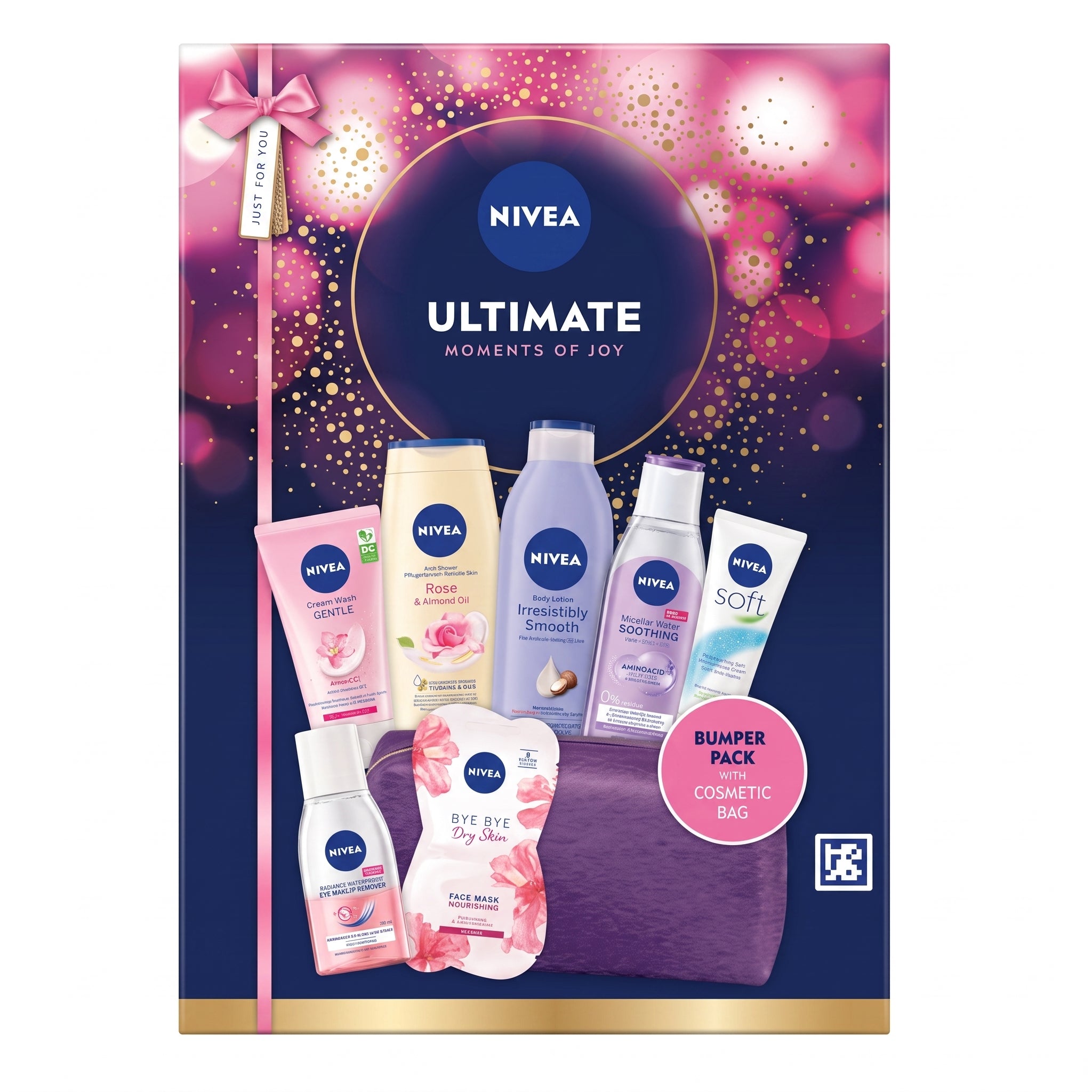 Nivea Ultimate Moments of Joy Bumper Pack cosmetic bag set, featuring a dark purple and pink gift box with various skincare products including moisturizer, body wash, and face wash.