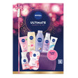 Nivea Ultimate Moments of Joy Bumper Pack cosmetic bag set, featuring a dark purple and pink gift box with various skincare products including moisturizer, body wash, and face wash.