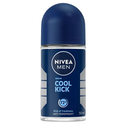 Nivea Men - Cool Kick Antiperspirant Deodorant Roll On (50ml) offers reliable 72-hour protection, featuring a blue cap and label.