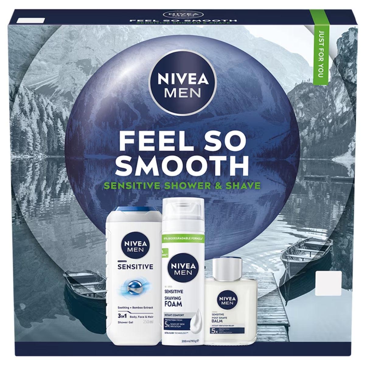Nivea Men - Feel So Smooth Sensitive Shower and Shave Gift Set by Nivea, featuring Sensitive Shower Gel, Sensitive Shaving Foam, and Sensitive Balm, displayed in front of a mountain lake background.