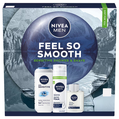Nivea Men - Feel So Smooth Sensitive Shower and Shave Gift Set by Nivea, featuring Sensitive Shower Gel, Sensitive Shaving Foam, and Sensitive Balm, displayed in front of a mountain lake background.