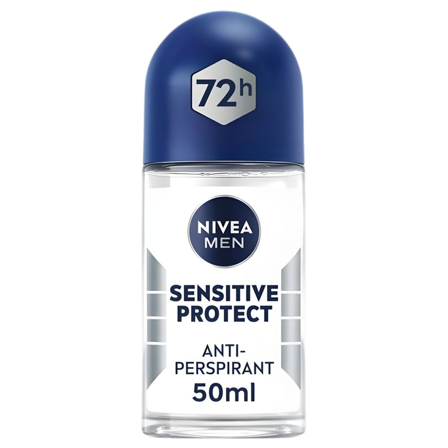 Nivea Men Sensitive Protect Antiperspirant Deodorant Roll On, 50ml, features a blue cap and "72h" label, designed for sensitive skin.