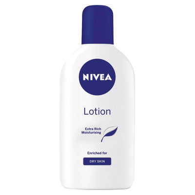 The Nivea Extra Rich Moisturising Lotion for Dry Skin (250ml) comes in a white bottle with a blue cap and features a nourishing formula specially designed to hydrate dry skin.