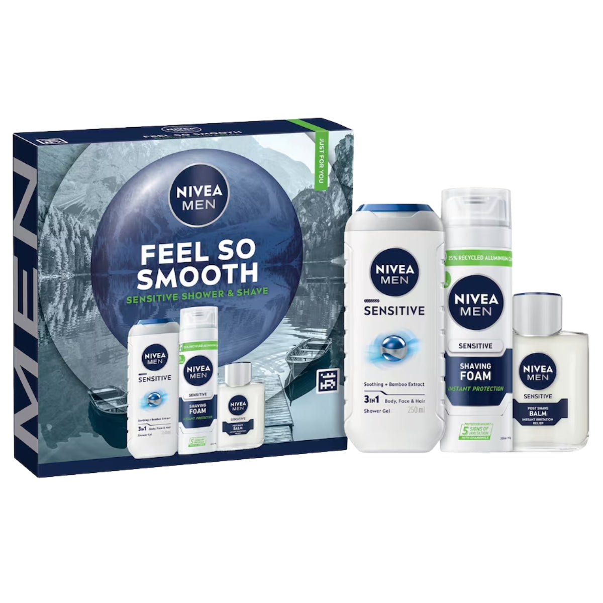 The Nivea Men - Feel So Smooth Sensitive Shower and Shave Gift Set by Nivea features shower gel, shaving foam, after shave balm, and face cream, all displayed in front of the product packaging.