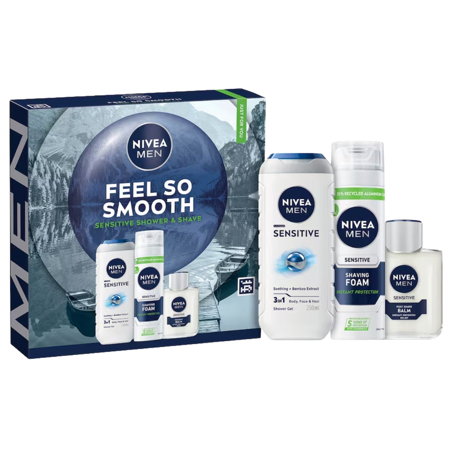 The Nivea Men - Feel So Smooth Sensitive Shower and Shave Gift Set by Nivea features shower gel, shaving foam, after shave balm, and face cream, all displayed in front of the product packaging.