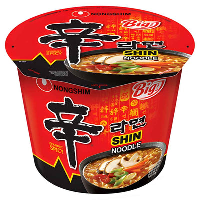 The Nongshim Big Bowl Spicy Shin Noodle (114g) features a bold red label, vivid Hot & Spicy noodle soup image, and striking black Korean text, showcasing the brand's signature Korean spice.