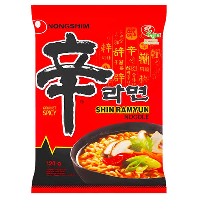 A red packet of Nongshim Instant Noodles Hot & Spicy Flavour (120g) features the Nongshim brand name in black and white text, with an image of a steaming bowl of spicy noodle soup topped with vegetables.
