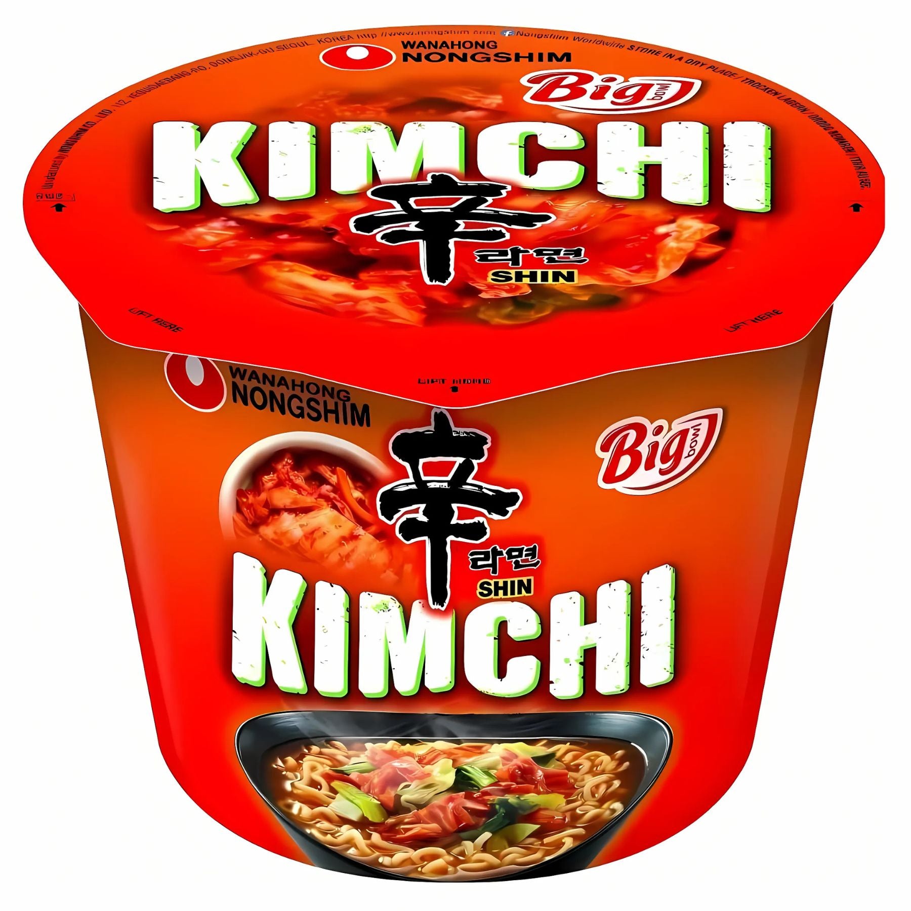 A 112g Nongshim - Instant Noodles Kimchi Flavour cup, in red packaging, features images of kimchi and noodles and highlights bold Korean flavour by Nongshim.