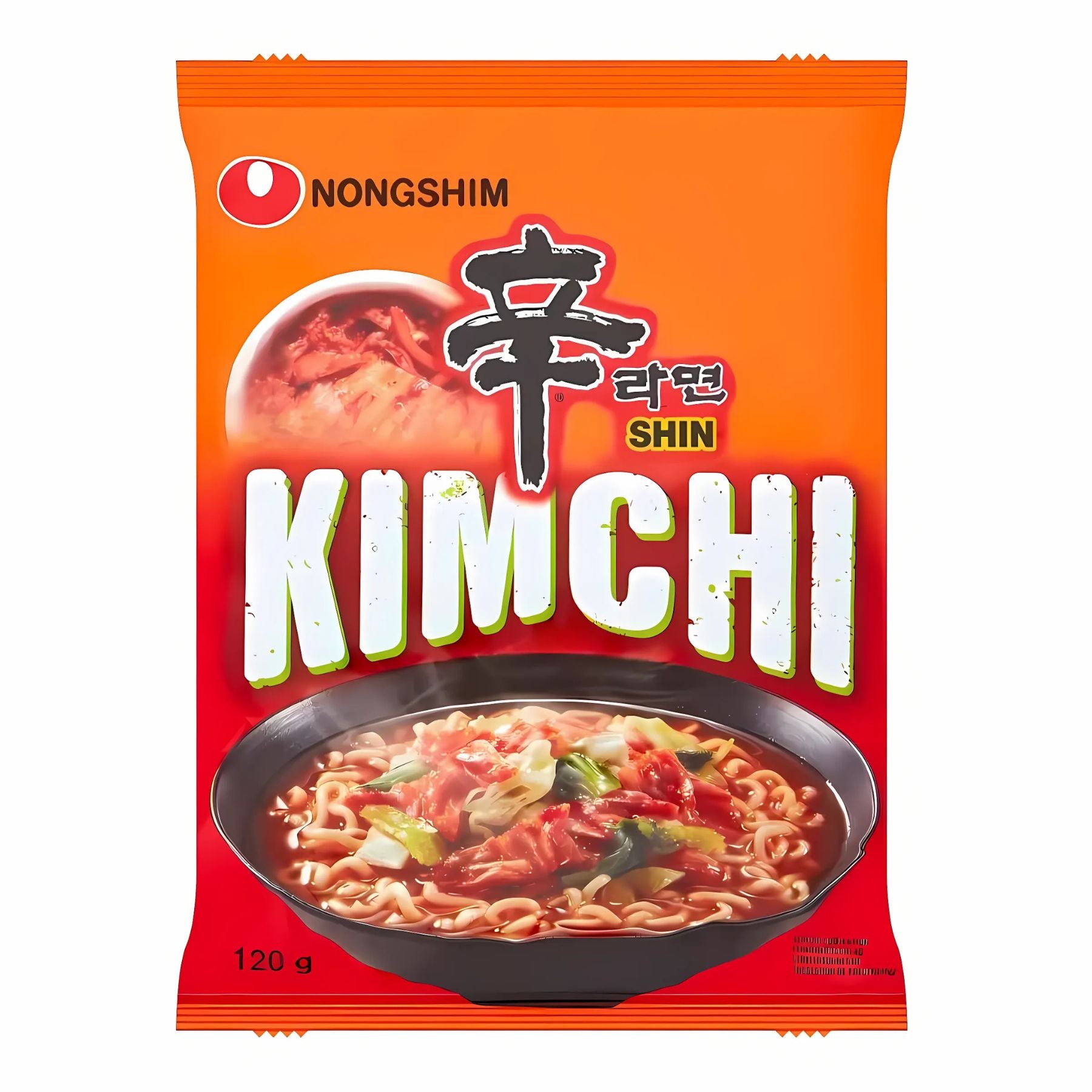 A 120g pack of Nongshim - Instant Noodles Kimchi Flavour, featuring vibrant orange packaging with images of noodle soup and kimchi—a tasty Korean classic.