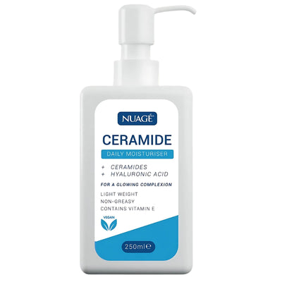 The Nuage Ceramide Daily Moisturiser (250ml) is a lightweight, non-greasy vegan formula that deeply hydrates with ceramides, hyaluronic acid, and vitamin E to support your skin barrier. Comes in a white pump bottle.