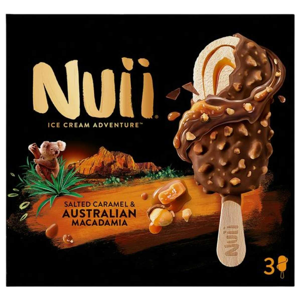 Nuii Salted Caramel & Australian Macadamia Ice Cream, 3 x 90ml bars, features coated ice cream with caramel pieces and macadamia nuts, plus packaging with a koala and Australian landscape.