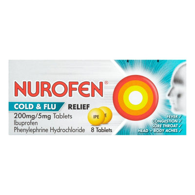 Nurofen - Cold & Flu Relief Tablets (8 tablets) by Nurofen contain ibuprofen and phenylephrine hydrochloride to help relieve fever, congestion, sore throat, and body aches.