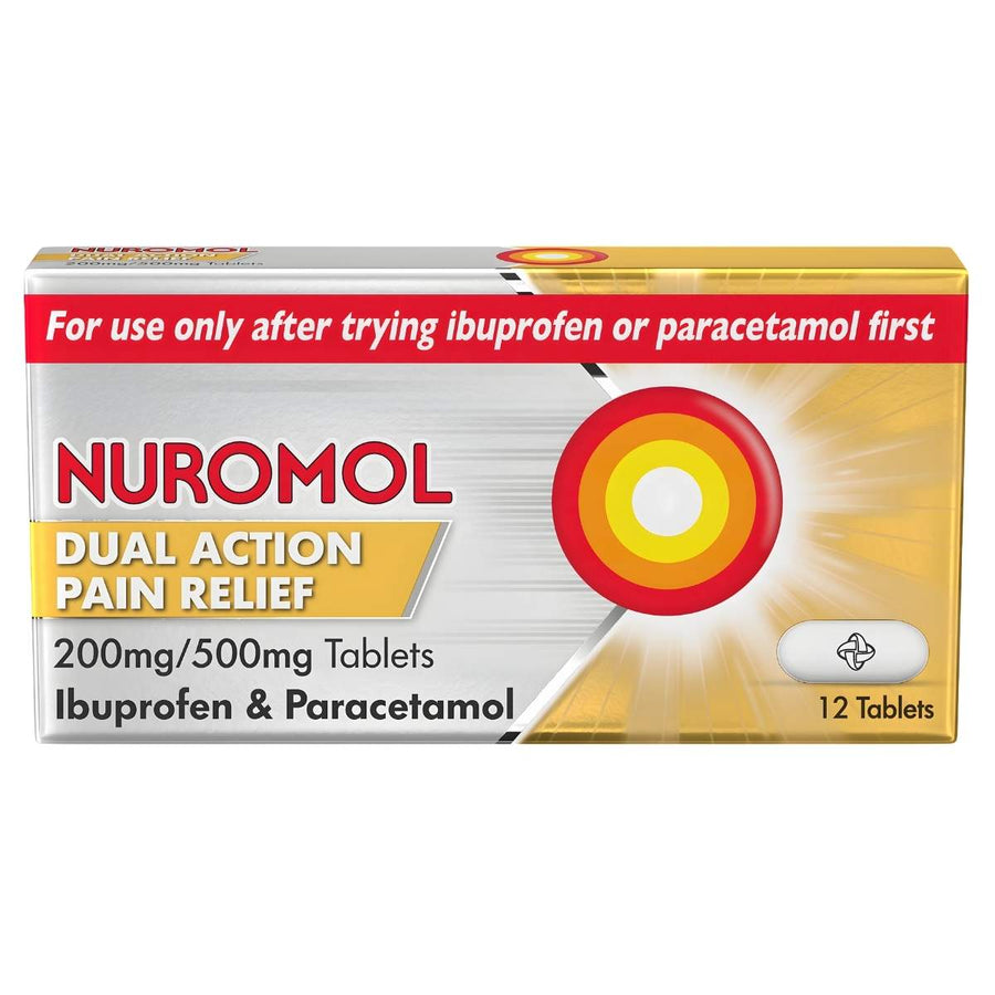Nuromol - Dual Action Pain Relief Tablets with 200mg ibuprofen and 500mg paracetamol per tablet. Box of 12 tablets, for pain relief after trying single-ingredient headache treatments. Brand: Nuromol.