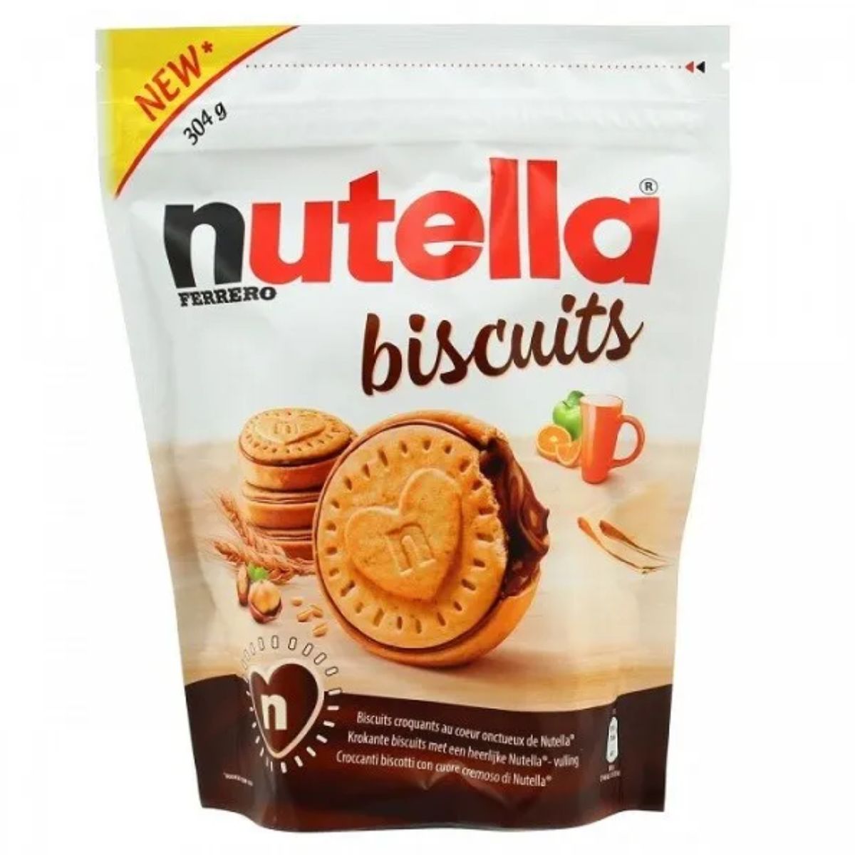 Nutella - Biscuits package containing 22 round biscuits with a chocolate filling, prominently displaying the 304g weight along with marketing elements.