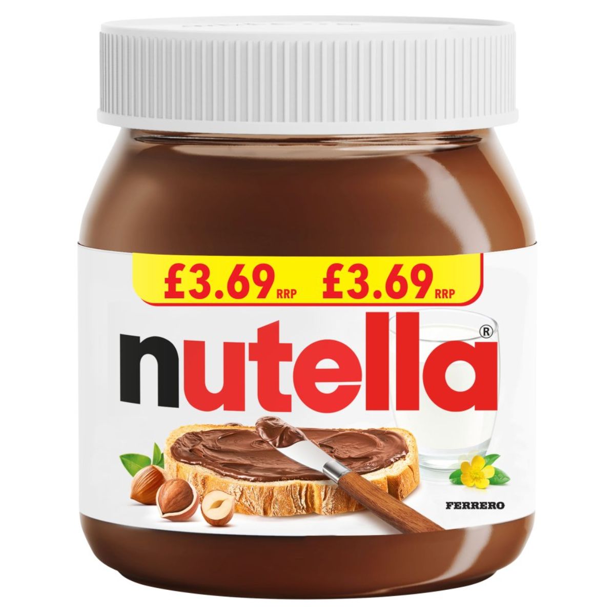 A jar of Nutella - Hazelnut Spread - 350g with a price label, depicting chocolate spread on bread with hazelnuts and a flower beside it.