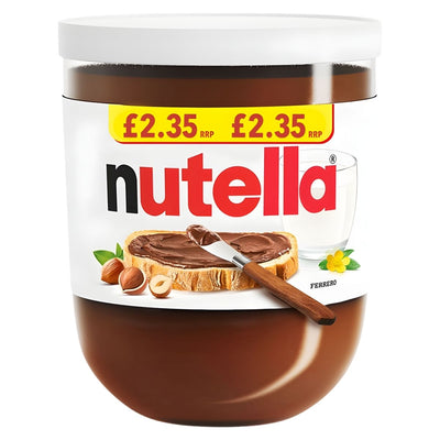 A 200g jar of Nutella Hazelnut Spread with Cocoa by Nutella, priced at £2.35, features a gluten free label showing bread spread with Nutella, hazelnuts, and a glass of milk.