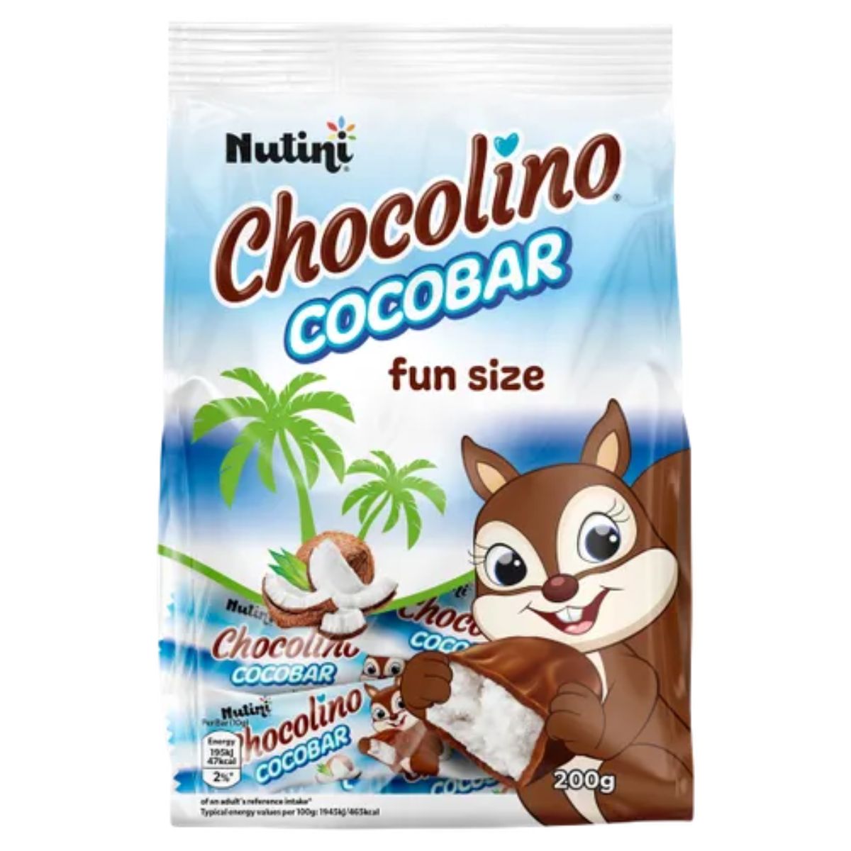 A package of Nutini - Chocolino Cocobar with Coconut, adorned with a cartoon squirrel enjoying a coconut chocolate bar and labeled "fun size," showcases a tropical beach theme.