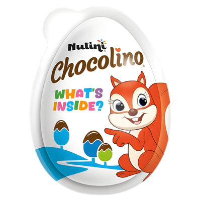 The Nutini - Chocolino Mega Egg (20g) features a cartoon squirrel asking "What's Inside?" and shows images of chocolate eggs, cocoa flavour balls, and a surprise toy on the egg-shaped Nutini package.