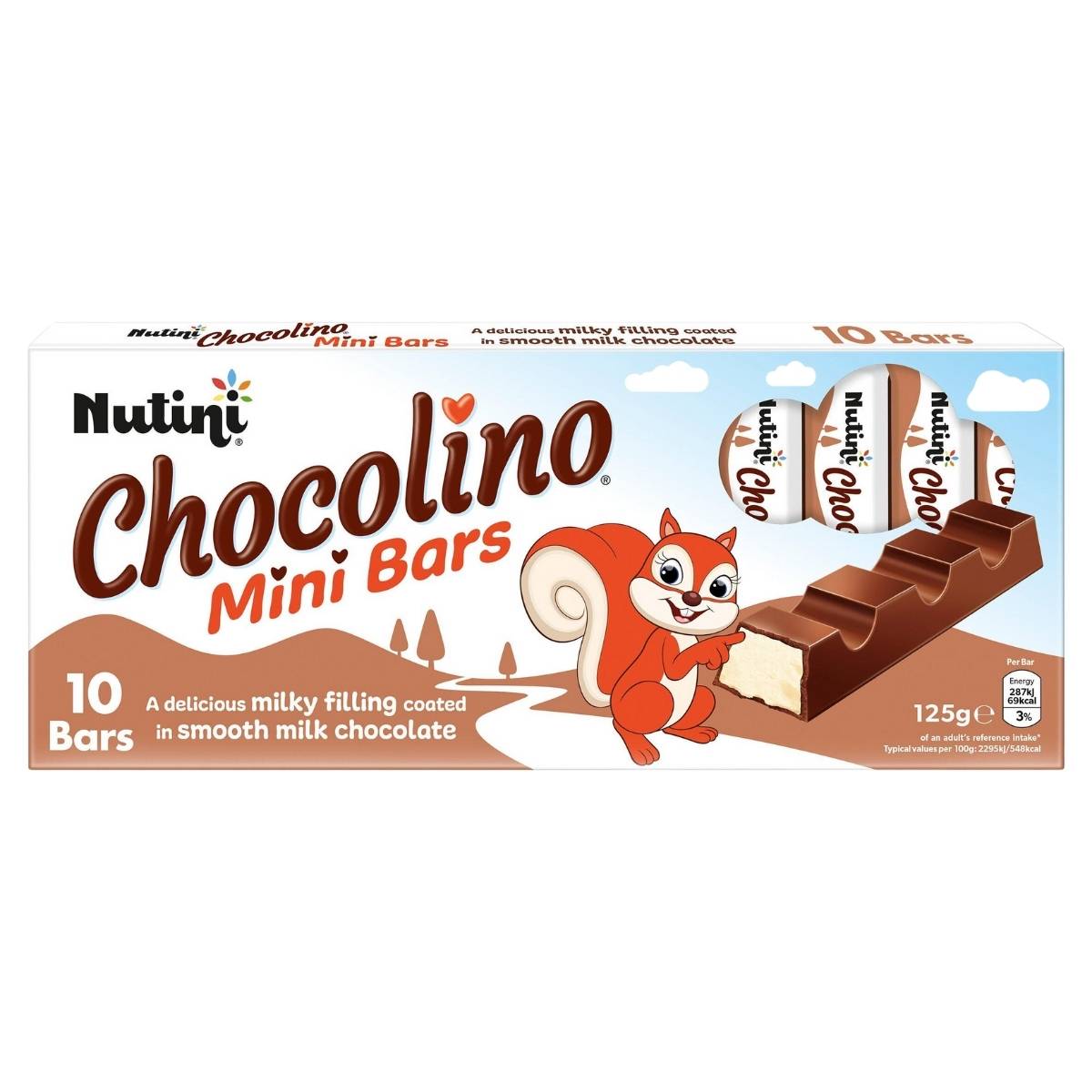 Nutini - Chocolino Mini Bars are ideal for on-the-go snacking. The 100g box contains 10 bars with milky filling and smooth milk chocolate, featuring a cartoon squirrel.