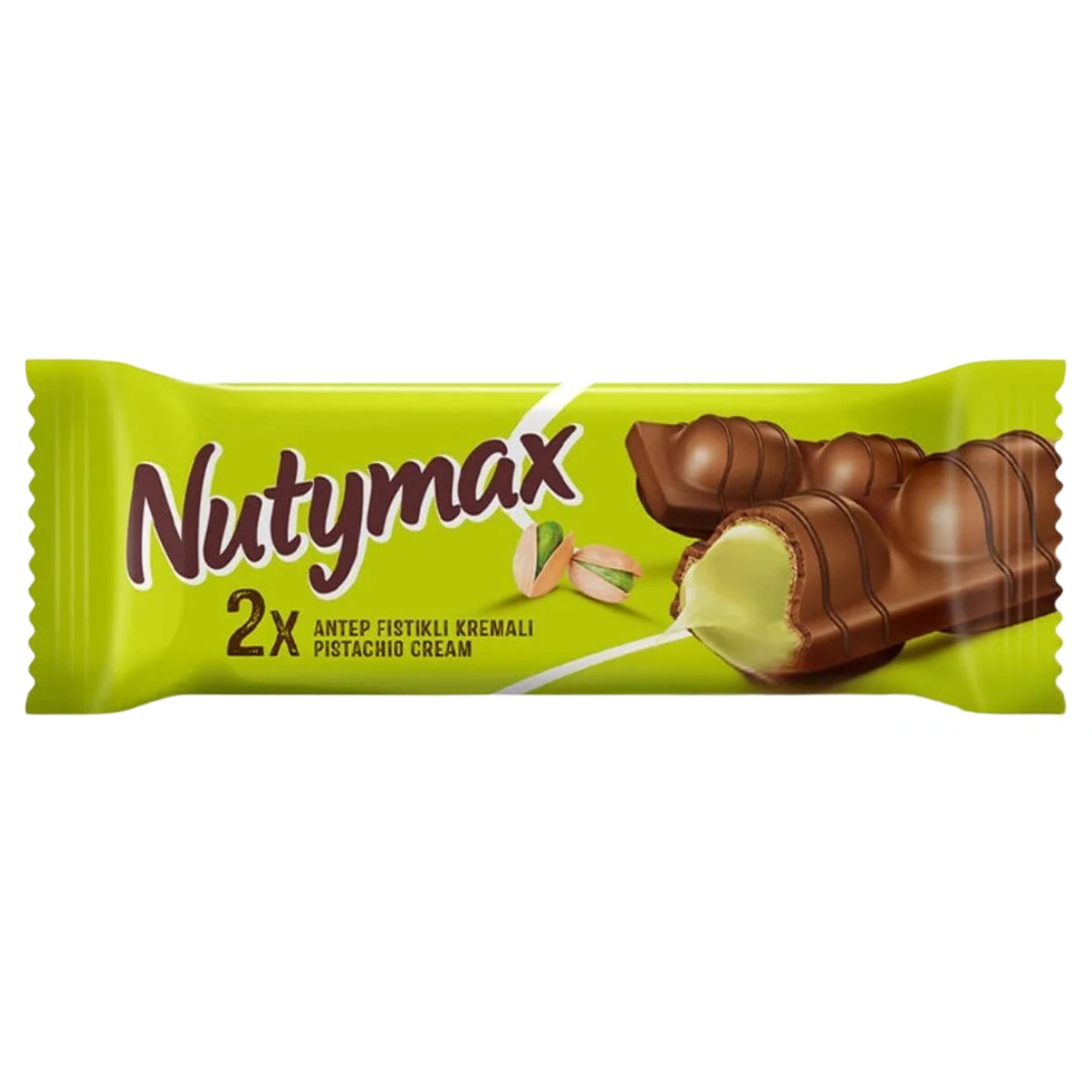 A single wrapped Nutymax pistachio cream chocolate bar on a plain white background. The wrapper is bright yellow-green with the brand name 'Nutymax' in large brown lettering, showing a chocolate-covered pistachio cream bar and a sliced piece on the right side.