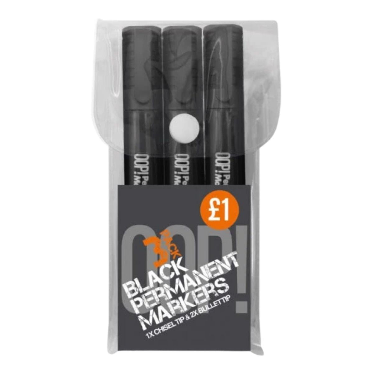 Oop! OOP! Black Permanent Markers 3 Pack in a clear plastic pouch with a £1 price label on the front.