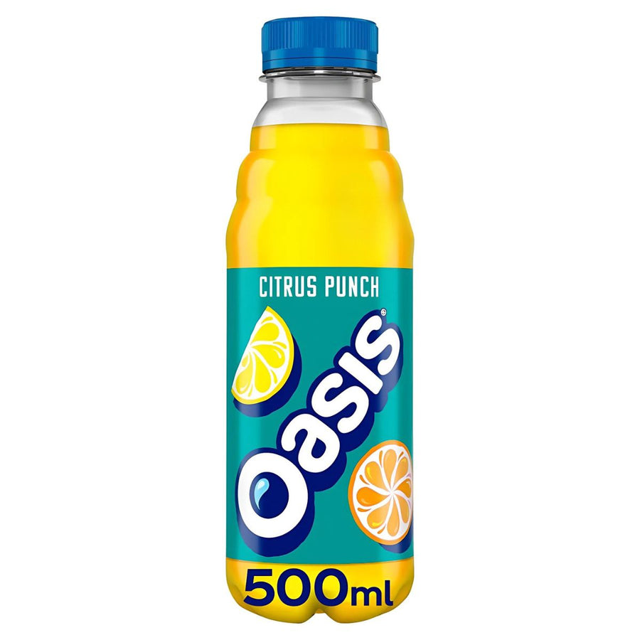 A 500ml bottle of Oasis Citrus Punch fruit juice drink with a blue cap and citrus-themed label.