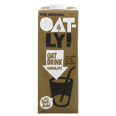A 1L carton of Oatly - Dairy Free Chocolate Oat Drink features bold text and simple graphics on a brown background.