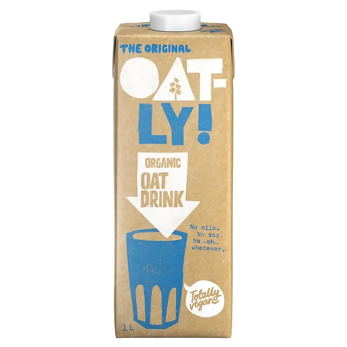 A 1L carton of Oatly - Dairy Free Organic Oat Drink, featuring blue and white text on a brown background, is labeled vegan and free from milk, soy, and nuts.