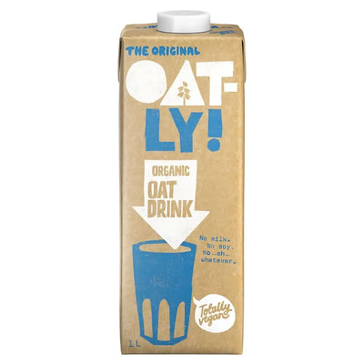 A 1L carton of Oatly - Dairy Free Organic Oat Drink, featuring blue and white text on a brown background, is labeled vegan and free from milk, soy, and nuts.