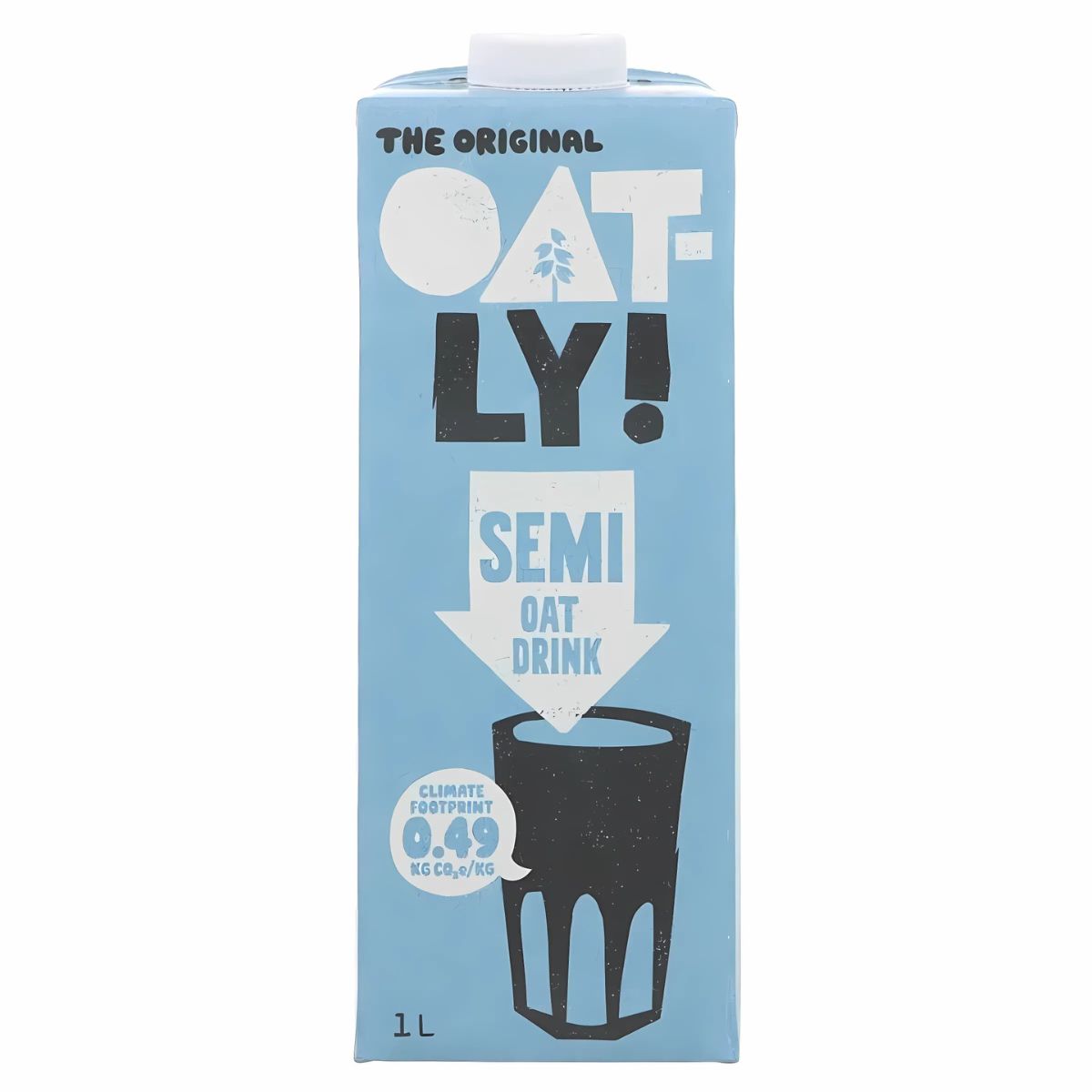 Oatly - Semi Skimmed Oat Drink - 1L: A fortified, plant-based milk alternative in a blue carton with a black glass illustration and climate footprint info on the front.
