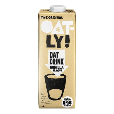 A 1L carton of Oatly - The Original Oat Drink Vanilla Flavour features a beige and black design with the product name and climate footprint info on the front.
