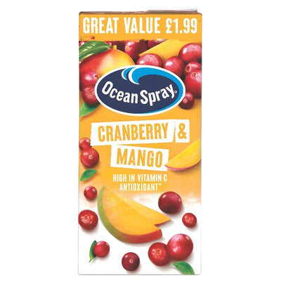 Ocean Spray - Cranberry and Mango Flavoured Juice 1L carton, high in vitamin C and antioxidants, features vibrant cranberry, mango, and apple images on the front; great value at £1.99.