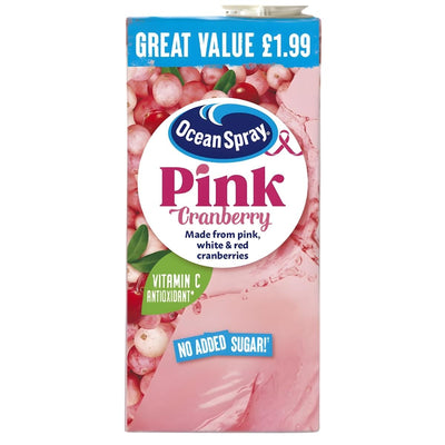 Ocean Spray Pink Cranberry Juice Drink Carton 1L, priced at £1.99, offers "no added sugar," "vitamin C," and features pink cranberries on the packaging.