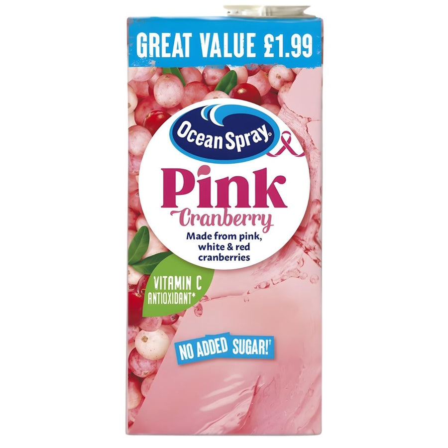 Ocean Spray Pink Cranberry Juice Drink Carton 1L, priced at £1.99, offers "no added sugar," "vitamin C," and features pink cranberries on the packaging.