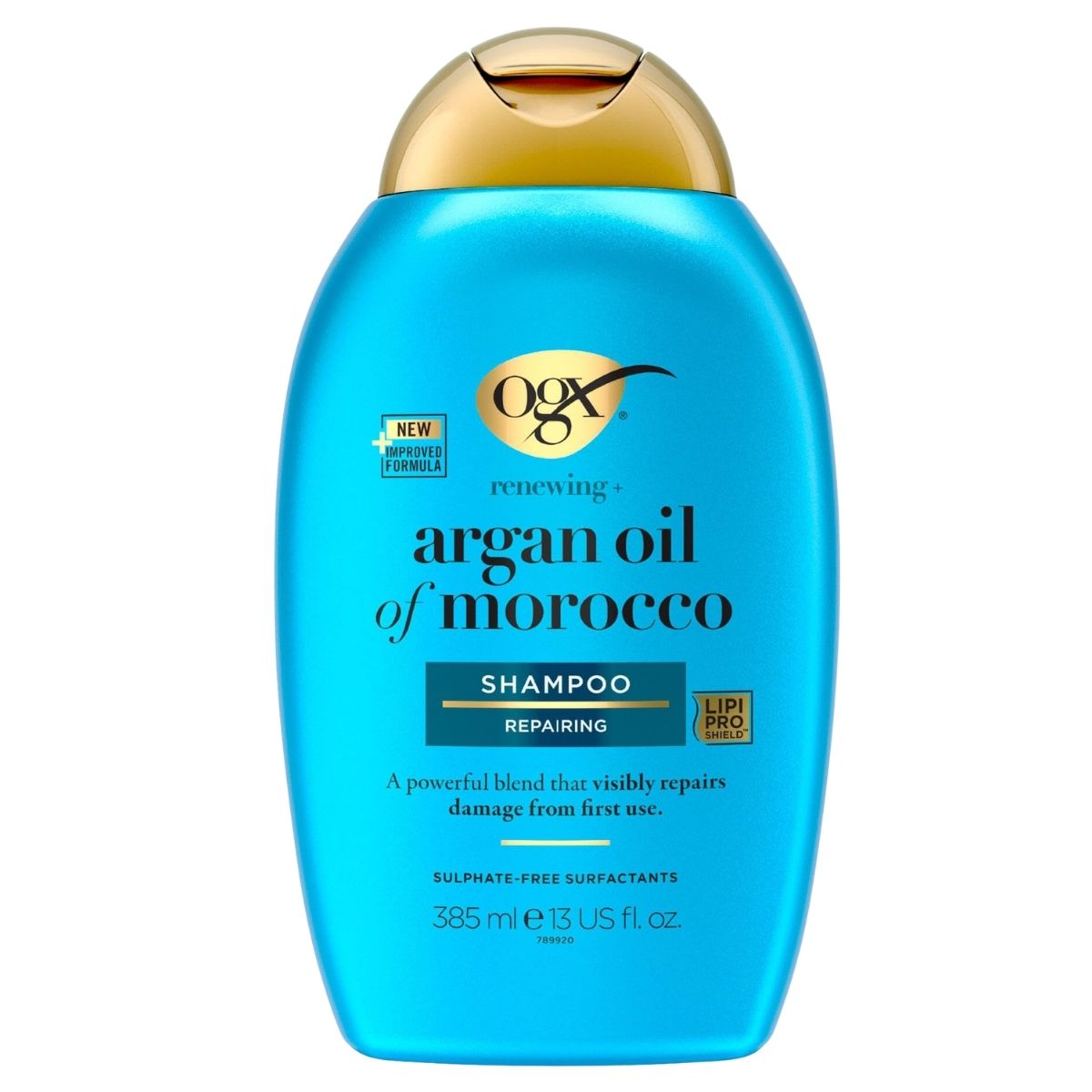 A 385ml bottle of ogx Argan Oil of Morocco Repairing Shampoo, labeled sulfate-free, with blue and gold packaging.