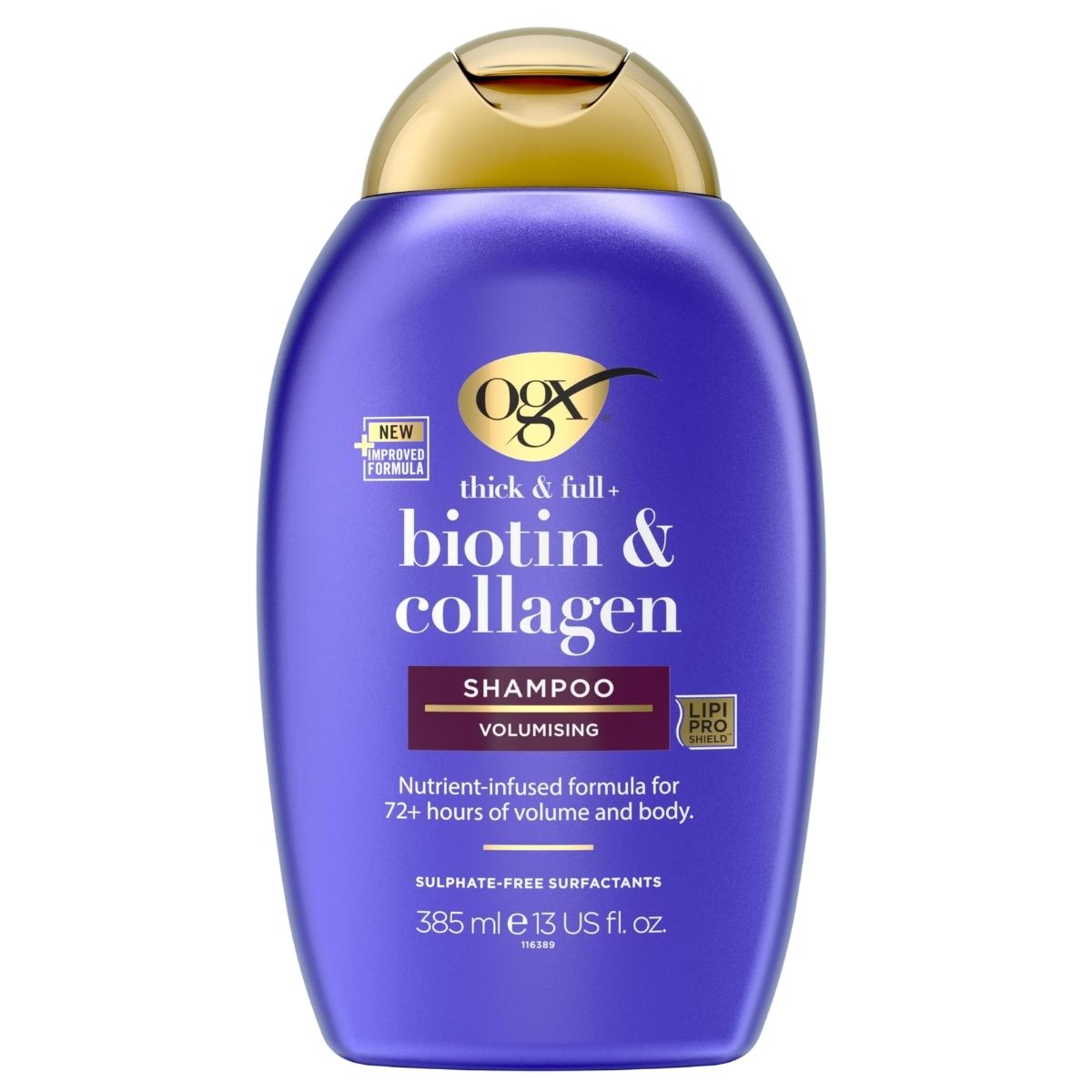 A 385ml bottle of ogx Biotin & Collagen Volumising Shampoo, designed to help you achieve fuller hair, features a purple and gold design with front label details.