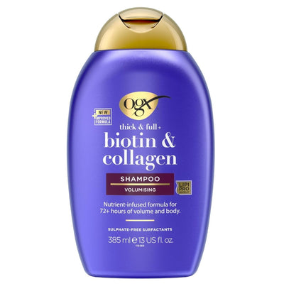 A 385ml bottle of ogx Biotin & Collagen Volumising Shampoo, designed to help you achieve fuller hair, features a purple and gold design with front label details.