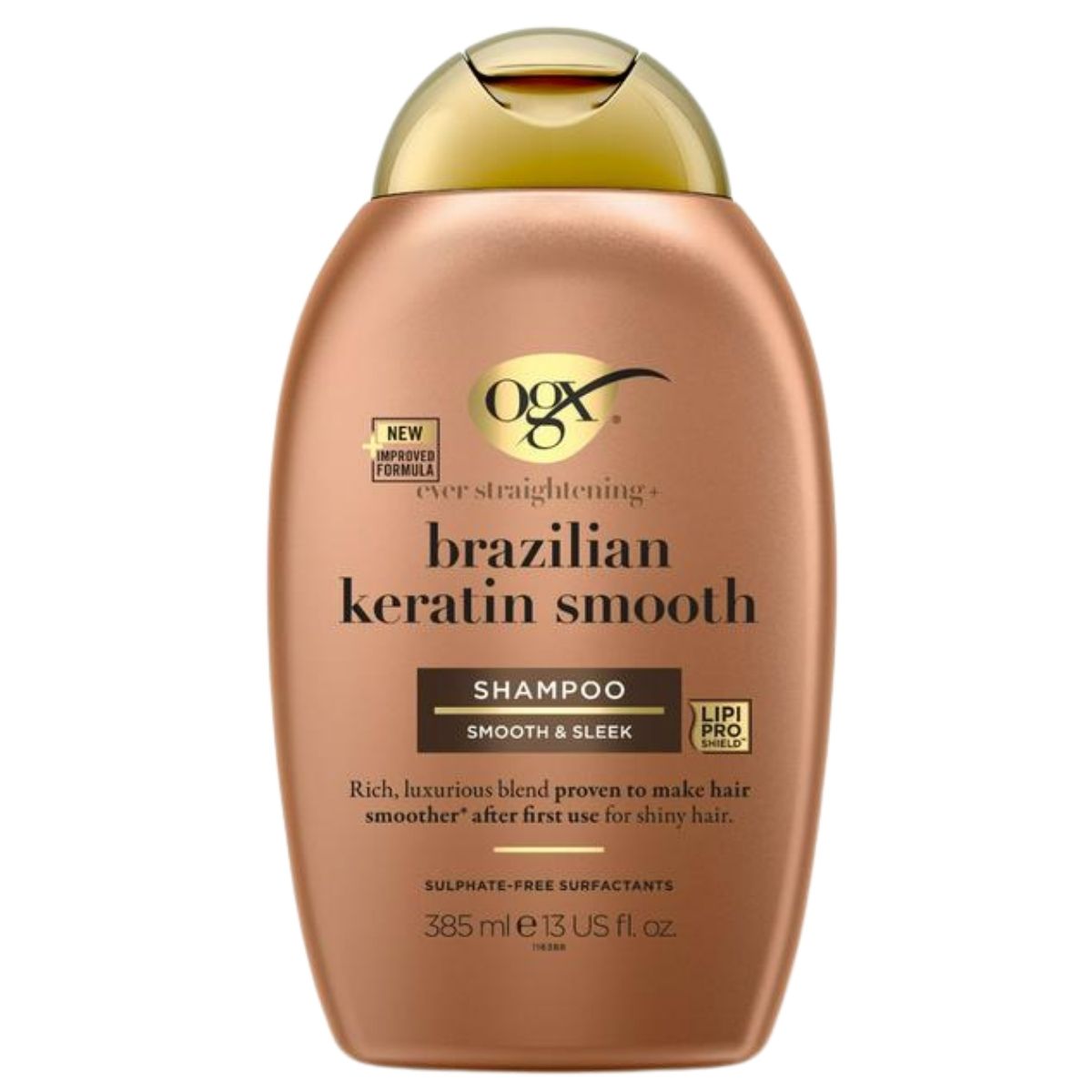 Ogx Brazilian Keratin Smooth Shampoo (385ml) comes in gold and brown packaging and is a sulphate-free, anti-frizz formula with keratin and argan oil for sleek, smooth hair.