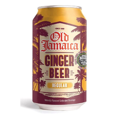 A 330ml can of Old Jamaica Ginger Beer Original displays palm tree graphics with "Regular" and "Naturally Flavoured Carbonated Beverage," highlighting its authentic ginger flavor.