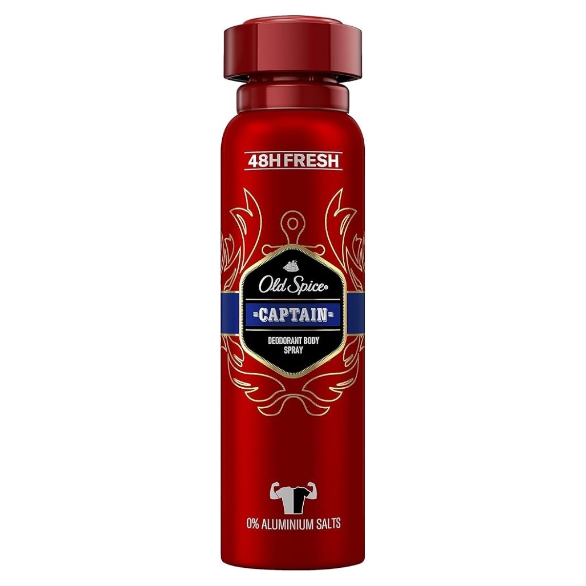 A red can of Old Spice Captain Deodorant Body Spray (150ml) features a blue label, gold details, and boasts 48-hour freshness with 0% aluminum salts.