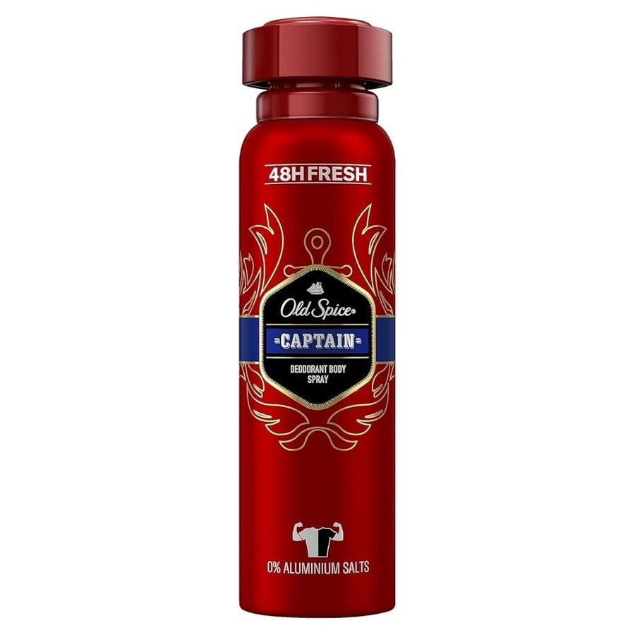 A red can of Old Spice Captain Deodorant Body Spray (150ml) features a blue label, gold details, and boasts 48-hour freshness with 0% aluminum salts.