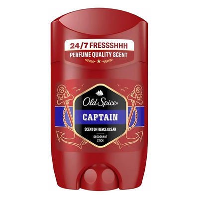 The invigorating Old Spice – Captain Scent of Fierce Ocean Deodorant Stick has a red stick with a blue nautical label, featuring the text: "24/7 FRESSHHH, Perfume Quality Scent, Scent of Fierce Ocean", and delivers long-lasting freshness.