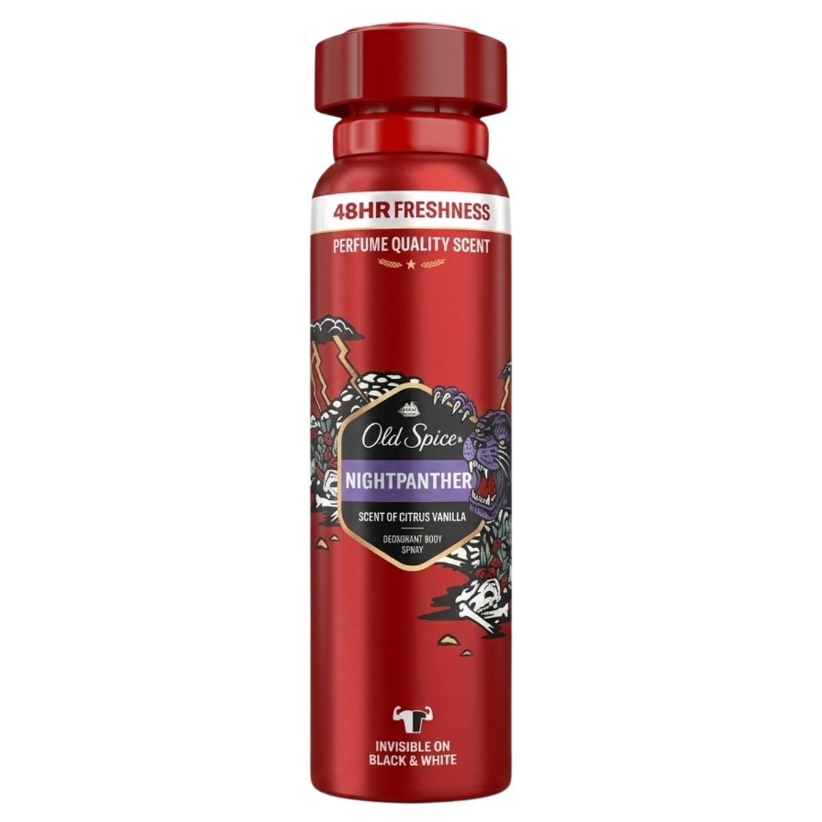 Old Spice Night Panther Deodorant Body Spray (150ml) offers a long-lasting citrus vanilla scent, 48-hour freshness, and is invisible on black and white clothing.