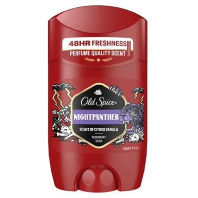 Indulge in the luxury of Old Spice's 50ml Nightpanther Deodorant Stick. With a bold panther design and lightning bolts, it offers an invigorating citrus and vanilla scent that captivates your senses.
