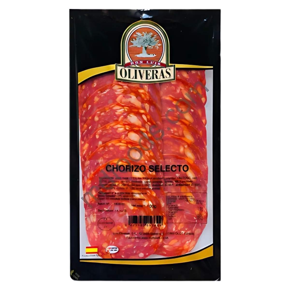 A package containing Oliveras - Chorizo Selecto - 80g, perfect for Spanish cuisine appetizers, showcasing several slices through its transparent packaging.