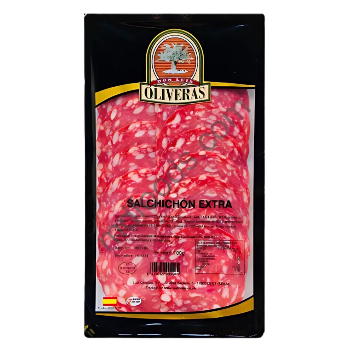 The Oliveras - Salchichon Extra - 80g is a traditional Spanish delicacy, presented in thin slices of cured sausage packaged in a vacuum-sealed black and clear plastic pack, crafted with premium quality ingredients.