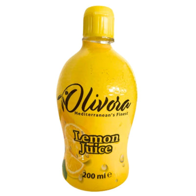 A 200ml yellow plastic bottle of Olivora Lemon Juice, featuring lemons and a yellow cap—ideal for baking or adding fresh citrus flavor to dishes.