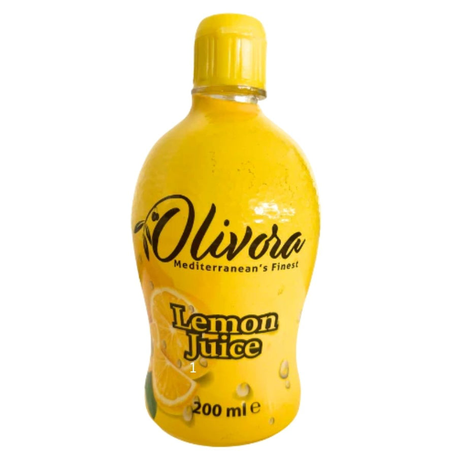 A 200ml yellow plastic bottle of Olivora Lemon Juice, featuring lemons and a yellow cap—ideal for baking or adding fresh citrus flavor to dishes.