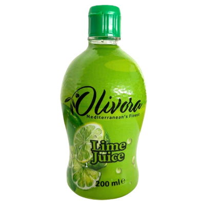 Green bottle of Olivora Lime Juice on a white background