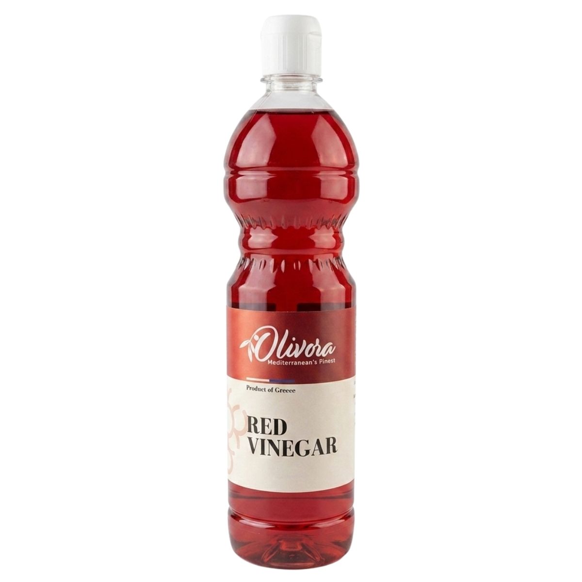A 350ml Olivora Red Grape Vinegar bottle with a white cap and red and white label, ideal for salad dressings.
